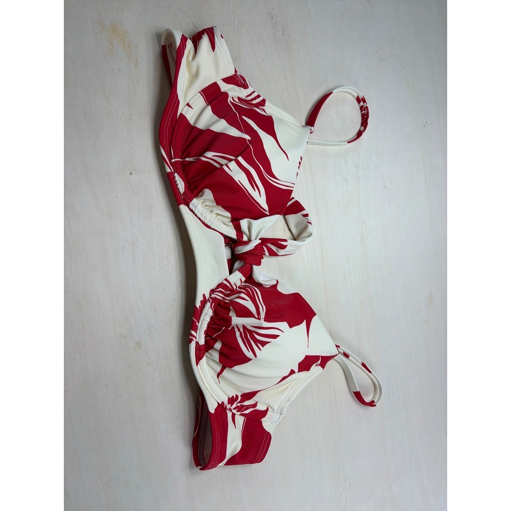 Shade & Shore Red Cream Tropical Leaf Underwire Bikini Top 36B Sweetheart Tie